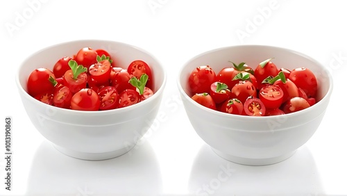 A photo of diced tomatoes in white bowls. The tomatoes are fresh and have a vibrant red color. The bowls are placed on a wooden surface