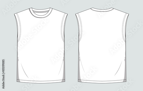 Tank tops technical drawing fashion flat sketch vector illustration template for men's and boys. Apparel pant design front and back views isolated on Grey background.