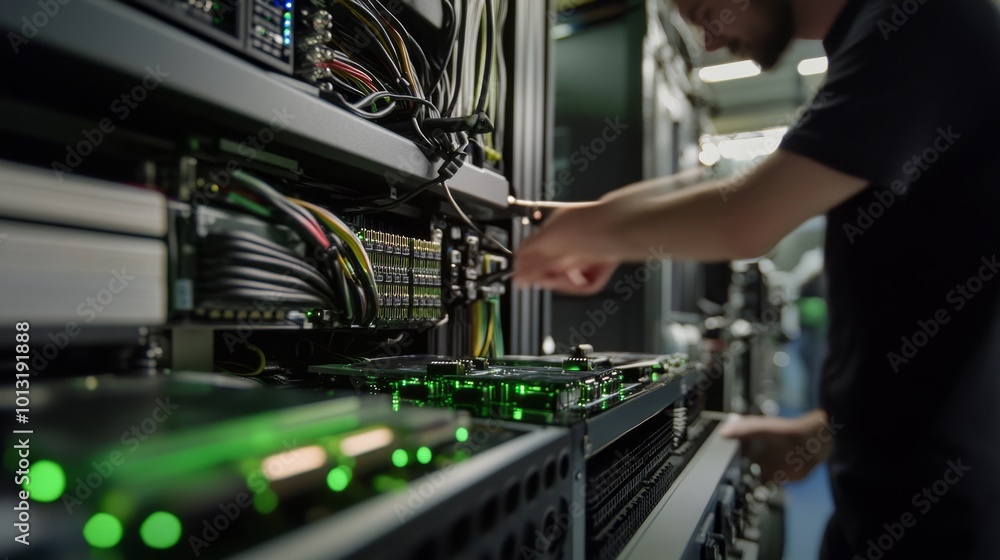 A technician works on a server rack, managing cables and hardware, surrounded by glowing green lights in a data center environment. A technician works on a server rack, managing cables and hardware, surrounded by glowing green lights in a data center environment.