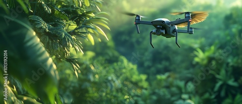 Tilted angle view, a bird communicating with a drone, lush greenery, blending nature and technology, dynamic action photo