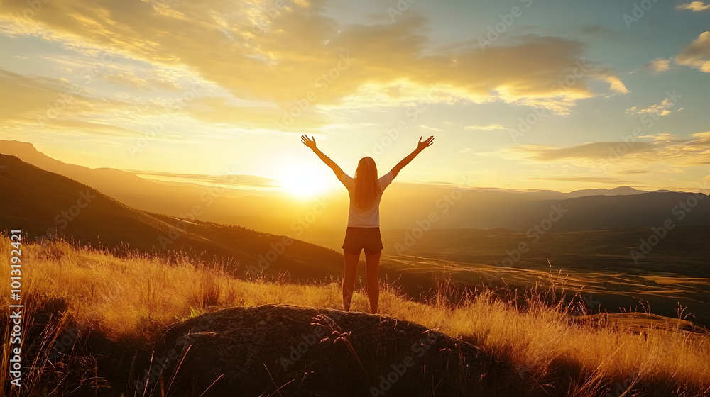 Fototapeta premium The girl on the top of the mountain raised both hands, the sun was setting. concept of success and achievement, joy, happiness.