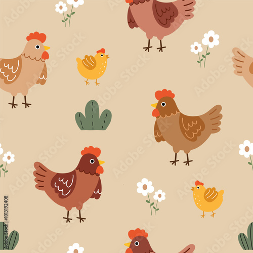 Seamless pattern with cute hen, chick and flowers for your fabric, children textile, apparel, nursery decoration, gift wrap paper. Vector illustration	