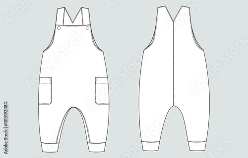 Bodysuit dungaree technical drawing fashion flat sketch vector illustration template for kids