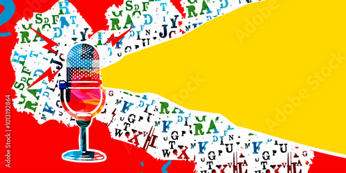 Retro microphone on red and yellow background. Podcasting and creativity in music concept	