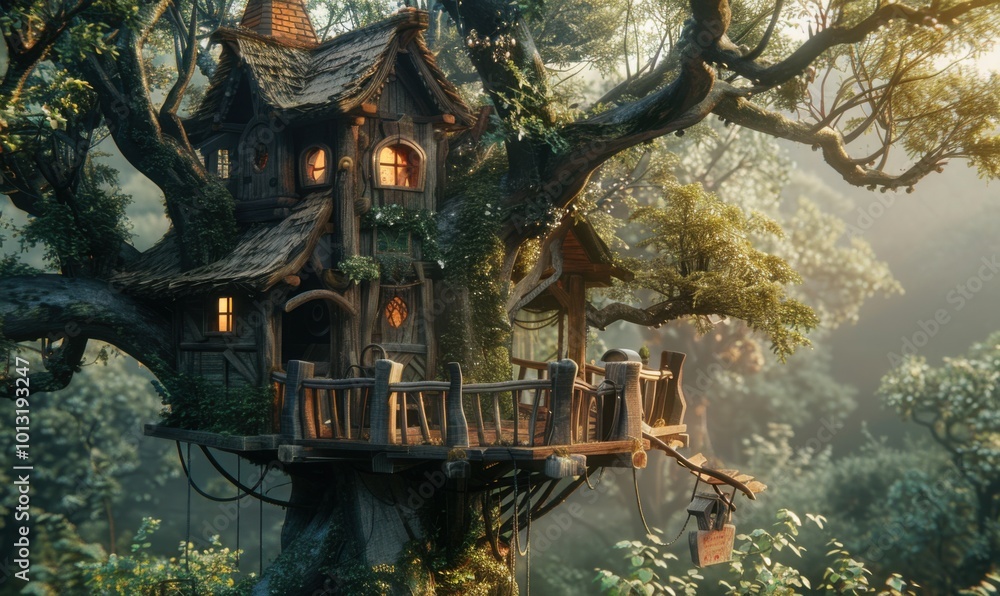 Obraz premium Enchanted treehouse in a magical forest, 4K hyperrealistic photo.