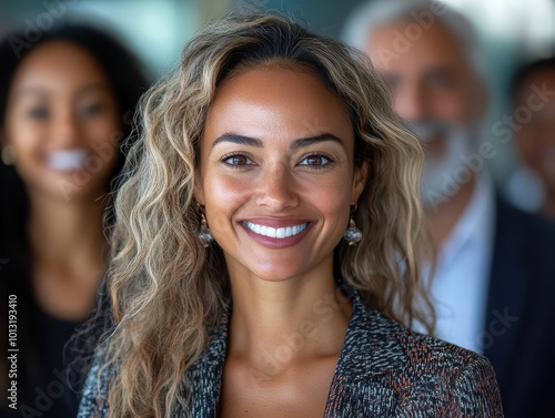 a diverse group of business professionals smiles at the camera their expressions radiate happiness and success embodying teamwork and collaboration in a vibrant office setting photo