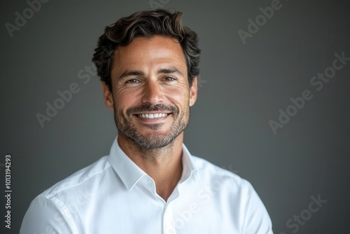 The smiling businessman in a crisp white shirt, looking directly at the camera, against a neutral background with generous copy space