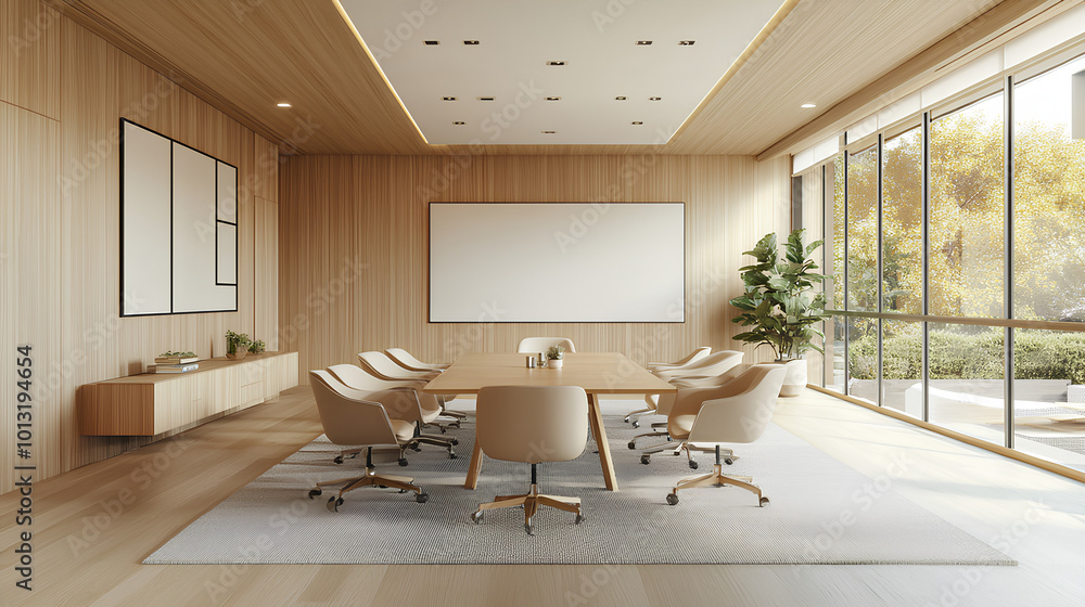 Modern office meeting room in bright open space. Features a blank wall, wooden accent wall, large windows, and minimalist furniture. Concept of workspace Modern office meeting room in bright open space. Features a blank wall, wooden accent wall, large windows, and minimalist furniture. Concept of workspace