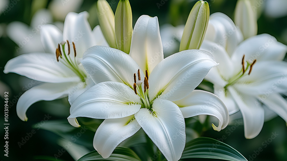 Elegant white lilies bloom in a lush garden surrounded by greenery during a sunny afternoon Elegant white lilies bloom in a lush garden surrounded by greenery during a sunny afternoon