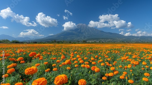 Dia de los Muerto, Mexican holiday. A vast field of vibrant marigolds in full bloom, their golden hues illuminating the landscape and symbolizing the path for departed spirits. photo