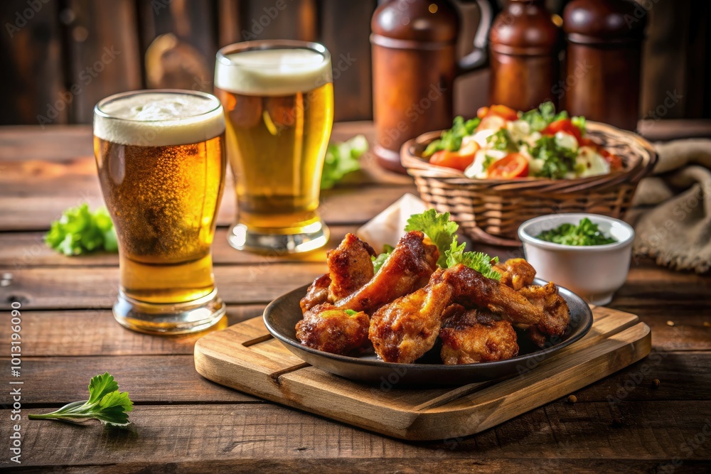 Indulge in delicious hot wings and refreshing beer, all set on a charming rustic table, perfect for enjoying a friendly and unforgettable dining experience together. Indulge in delicious hot wings and refreshing beer, all set on a charming rustic table, perfect for enjoying a friendly and unforgettable dining experience together.