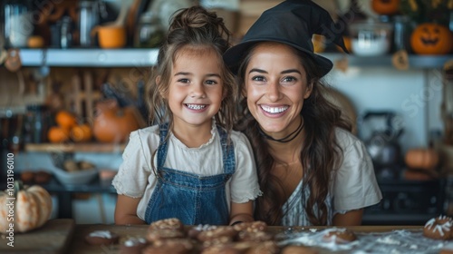 Halloween, spookiest day of year. mother and daughter dressed as witches, baking cookies together in kitchen decorated for Halloween. They have aprons on and look happy to cooking wearing witch hats.