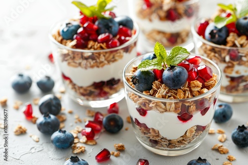 Layered Breakfast with Greek Yogurt, Pomegranate, Blueberries, Granola.