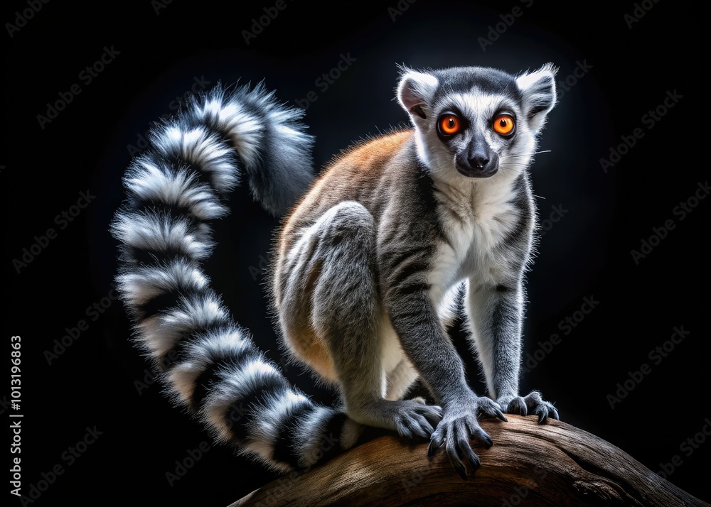 Obraz premium In the depths of night, a cat lemur awakens, its vivid glowing eyes and distinctive striped tail captivatingly illuminated against a stark black background.