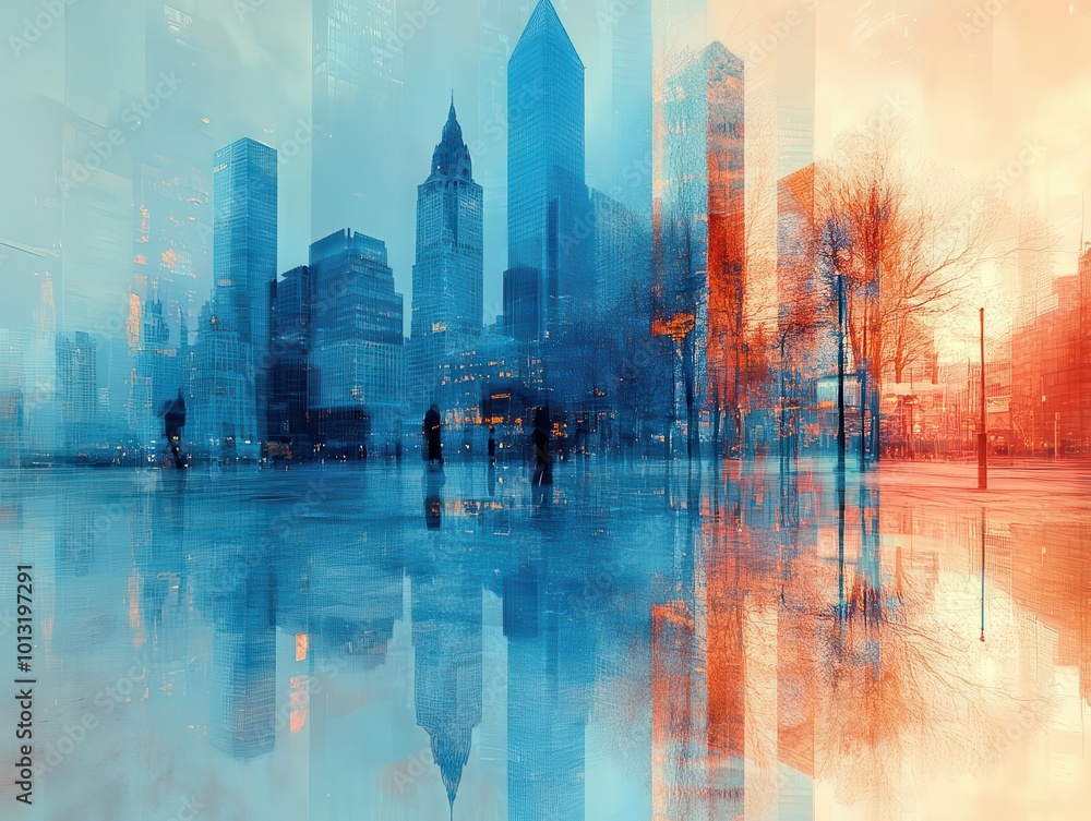 a double exposure photograph reveals a stunning blue glass skyscraper reflecting an urban skyline capturing the essence of modern architecture and city life in a dazzling display a double exposure photograph reveals a stunning blue glass skyscraper reflecting an urban skyline capturing the essence of modern architecture and city life in a dazzling display