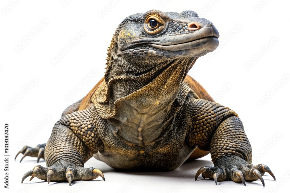 Obraz premium Isolated Komodo dragon against a white background, excellent for generative AI initiatives and nature illustrations, perfect for educational applications and wildlife exploration.