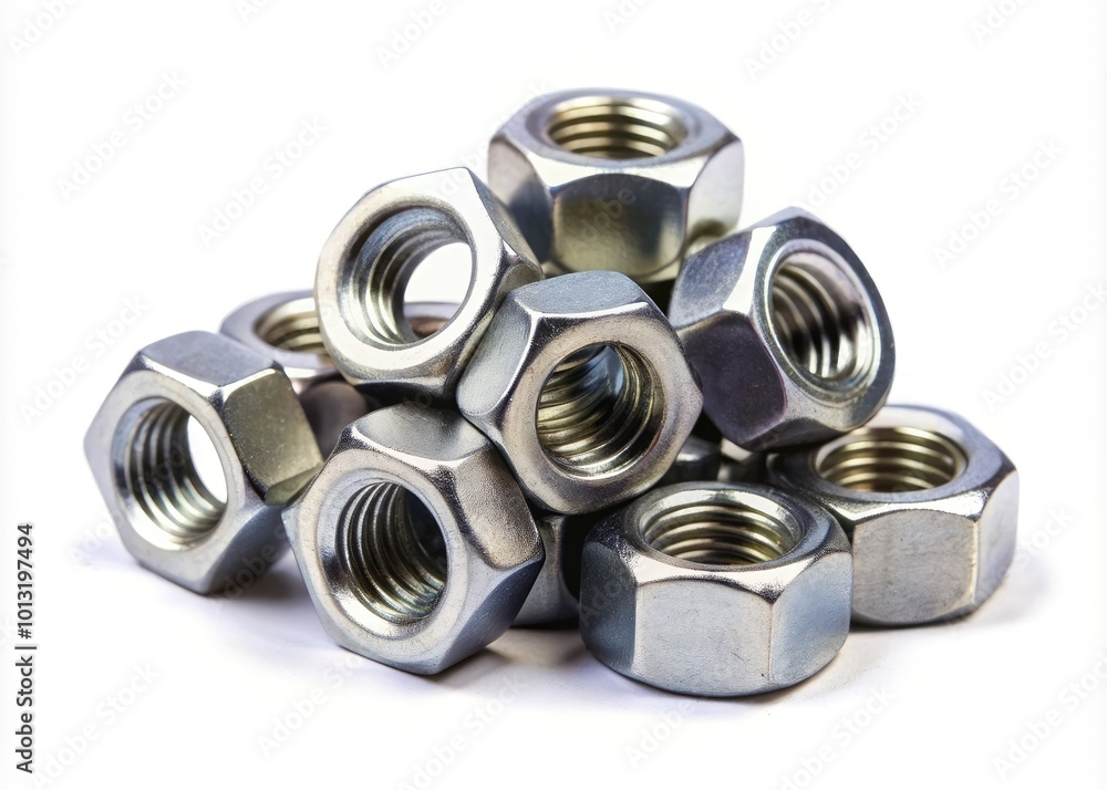 Isolated metal nuts displayed against a white backdrop, suitable for industrial, mechanical, and construction contexts. Great addition to stock photography collections showcasing hardware elements. Isolated metal nuts displayed against a white backdrop, suitable for industrial, mechanical, and construction contexts. Great addition to stock photography collections showcasing hardware elements.