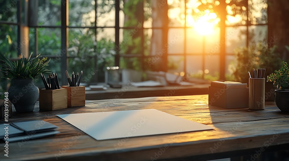 Fototapeta premium Golden hour illuminates a rustic wooden desk, showcasing stationery, plants, and a blank card—perfect for design inspiration or a peaceful workspace aesthetic.