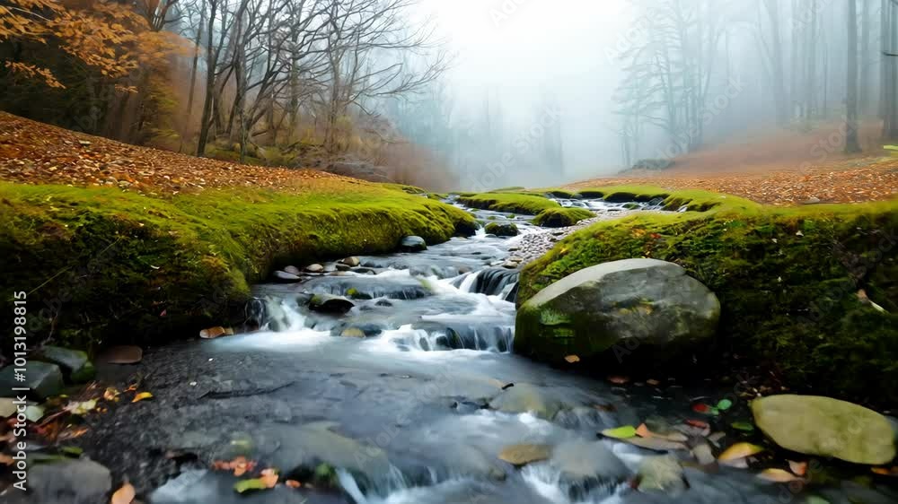 A stream gently flows over moss-covered rocks in a misty forest with fallen leaves scattered along the water's edge. The serene atmosphere suggests the peaceful beauty of nature in autumn. A stream gently flows over moss-covered rocks in a misty forest with fallen leaves scattered along the water's edge. The serene atmosphere suggests the peaceful beauty of nature in autumn.