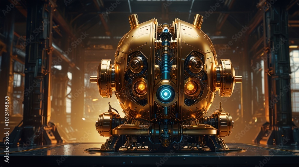 Fototapeta premium A golden robotic sphere with glowing lights and intricate gears sits in a dimly lit industrial setting.