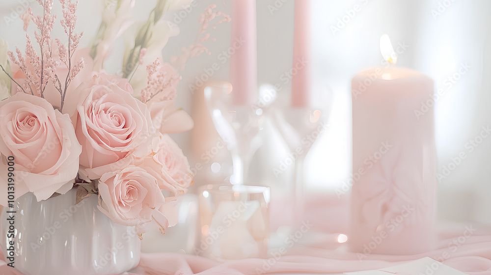 Table with a vase of pink roses, a candle, and two wine glasses Table with a vase of pink roses, a candle, and two wine glasses