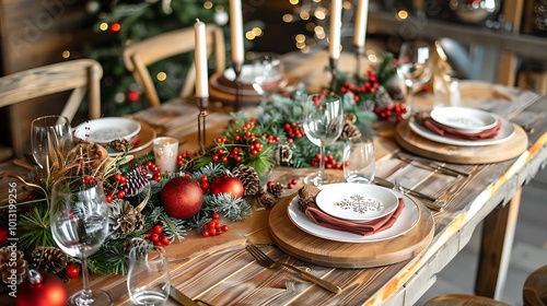 A rustic Christmas table awaits!  Warm candlelight, rich red ornaments, and lush greenery create a magical festive atmosphere. Perfect for a cozy holiday gathering. photo