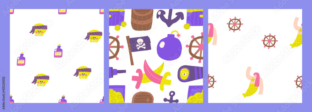Cute pirate theme seamless pattern. Funny hand drawn doodle repeatable pattern with wooden barrel, anchor, bomb, ship wheel, treasure chest, spyglass. Marine, nautical, Caribbean bandit background Cute pirate theme seamless pattern. Funny hand drawn doodle repeatable pattern with wooden barrel, anchor, bomb, ship wheel, treasure chest, spyglass. Marine, nautical, Caribbean bandit background
