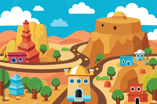 Road near Small cozy town  Landscape in desert stones and rocks cliffs   Flat design Vector illustration.  