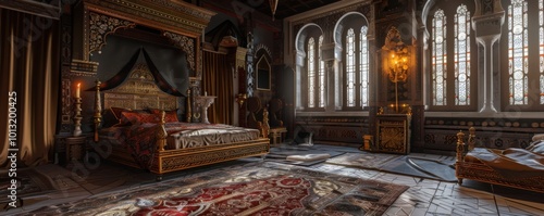 Grand medieval prince's room with an intricately designed bed and luxurious textiles, 4K hyperrealistic photo