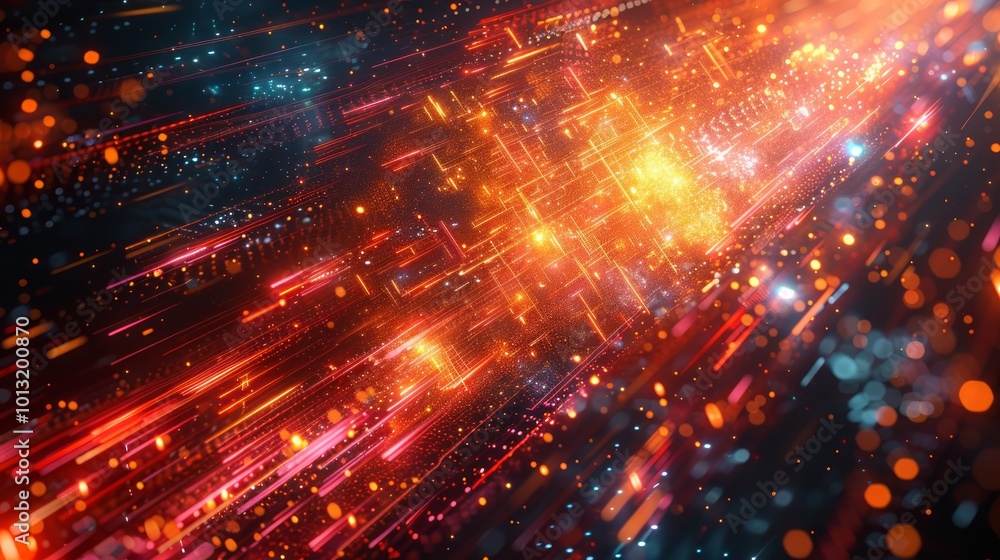 Obraz premium Abstract digital background with glowing lines and particles in red, orange, and blue.