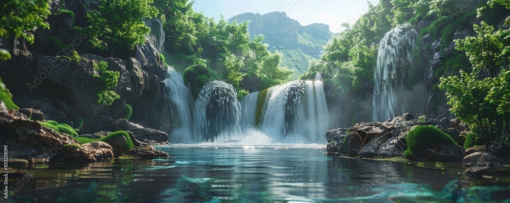 River with cliffs and a flowing waterfall, 4K hyperrealistic photo, River with cliffs and a flowing waterfall, 4K hyperrealistic photo,
