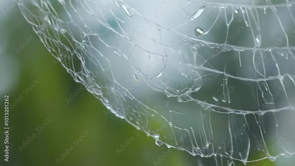 Delicate raindrop-laden spiderweb against a soft green background Delicate raindrop-laden spiderweb against a soft green background