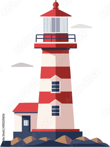 Nautical lighthouse beacon icon flat on white isolated background, vector design.