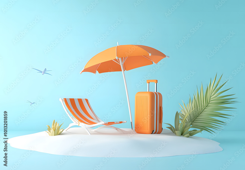 Obraz premium 3D rendering of a summer vacation background with a beach umbrella, chair, and luggage on a white sand island design. Travel concept. Cartoon illustration design