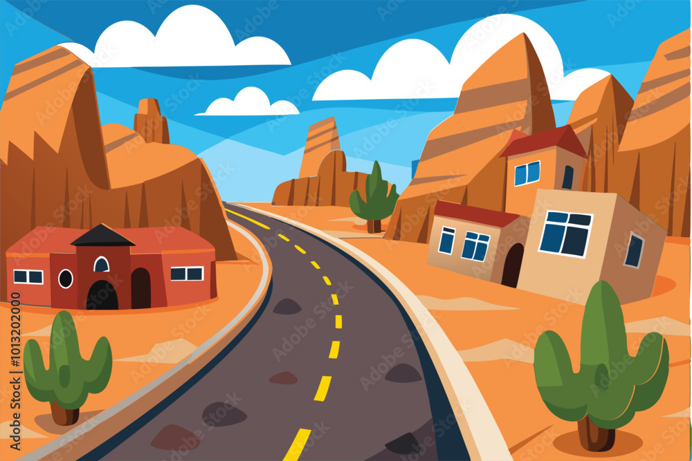 Road near Small cozy town Landscape in desert stones and rocks cliffs Flat design Vector illustration. Road near Small cozy town Landscape in desert stones and rocks cliffs Flat design Vector illustration.
