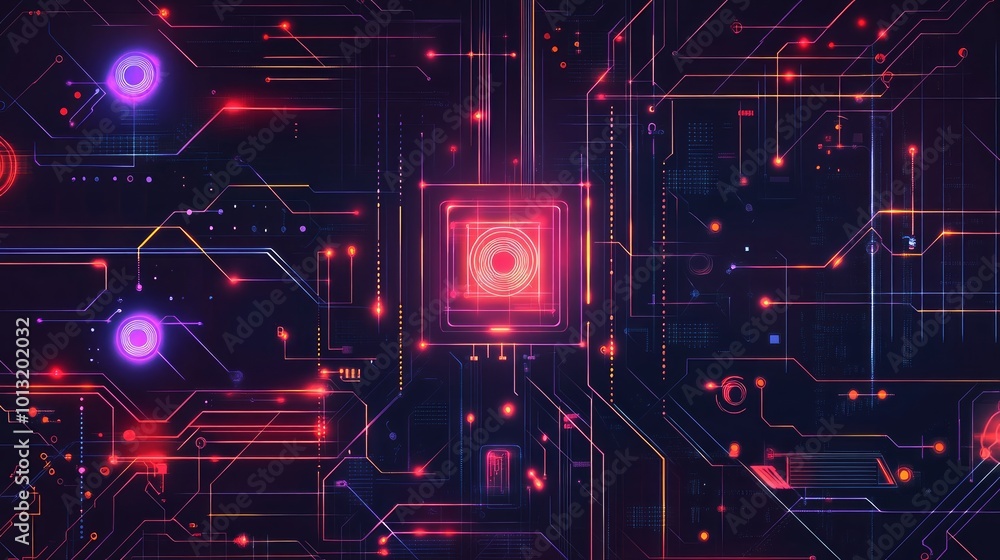 Fototapeta premium Abstract digital circuit board with glowing red and blue lines and a central processor.