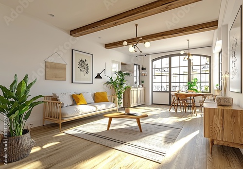 A living room interior with white walls, parquet flooring, and wooden furniture in a yellow color. Scandinavian-style home decor concept. mockup of a modern design interior