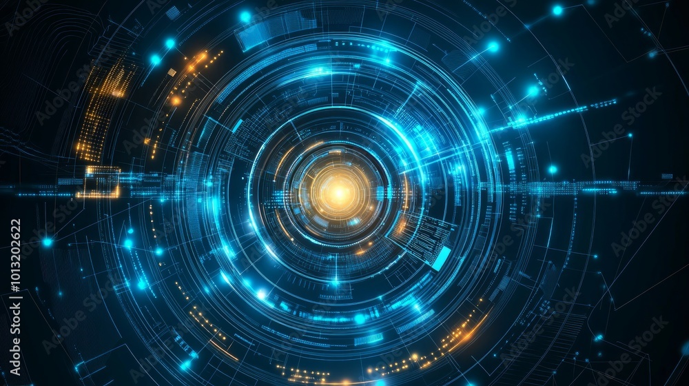 Obraz premium Abstract digital technology background with glowing lines, circles, and light.