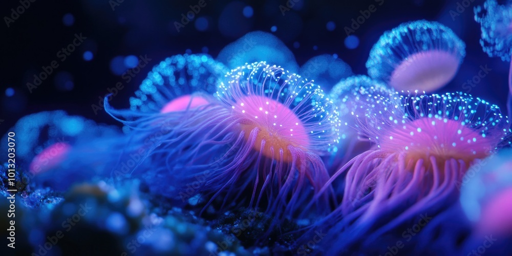 Purple and Blue Sea Anemones Close Up Purple and Blue Sea Anemones Close Up