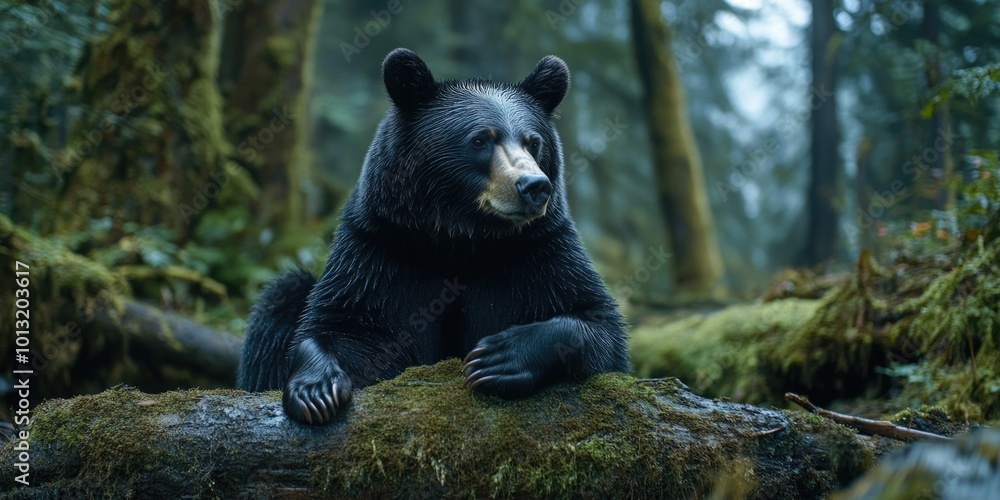 Obraz premium Black Bear on Mossy Log