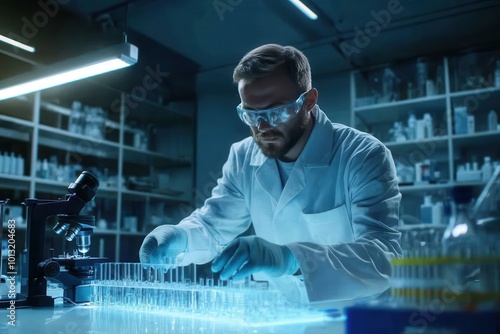 A scientist in protective gear works diligently with test tubes and samples in a well-equipped laboratory during research. Generative AI