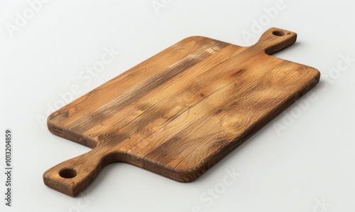 Wooden cutting board, white background, 4K hyperrealistic photo