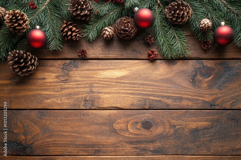 A festive arrangement of pine branches, cones, and red ornaments on a wooden surface. A festive arrangement of pine branches, cones, and red ornaments on a wooden surface.