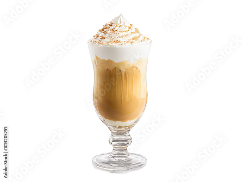 Dalgona Coffee A whipped dalgona coffee in a transparent glass with creamy foam cascading down