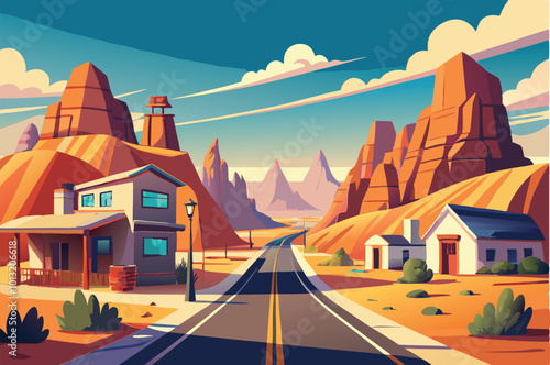 Road near Small cozy town  Landscape in desert stones and rocks cliffs   Flat design Vector illustration.  