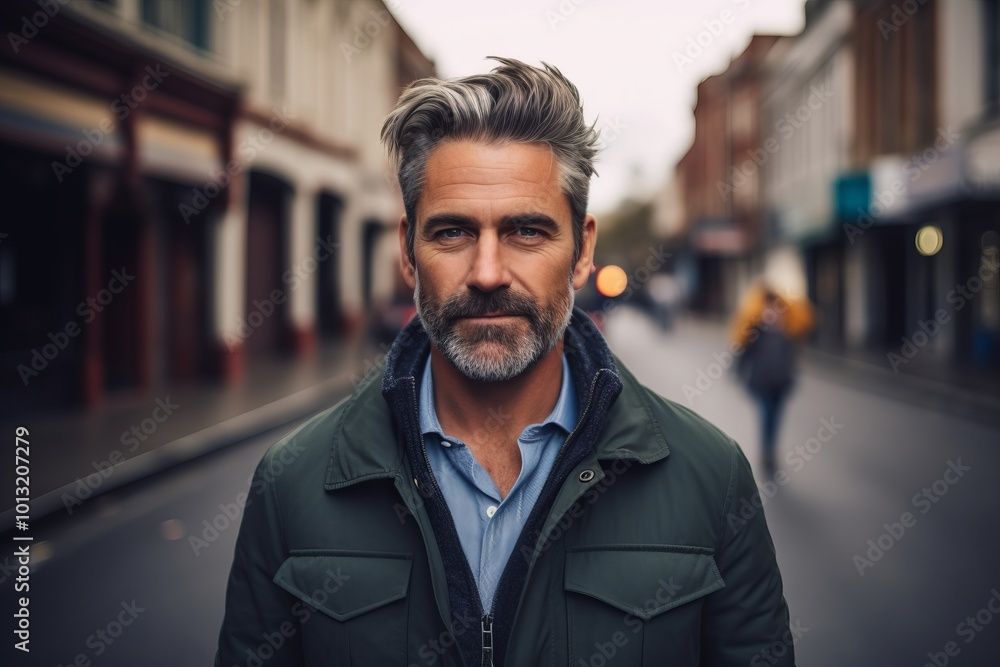 Portrait of a handsome middle-aged man with gray hair and beard in the city. Portrait of a handsome middle-aged man with gray hair and beard in the city.