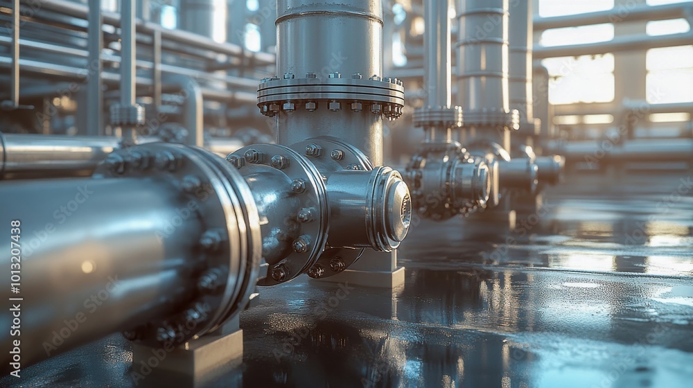 Industrial metal pipes and valves with reflections in factory setting during daytime Industrial metal pipes and valves with reflections in factory setting during daytime