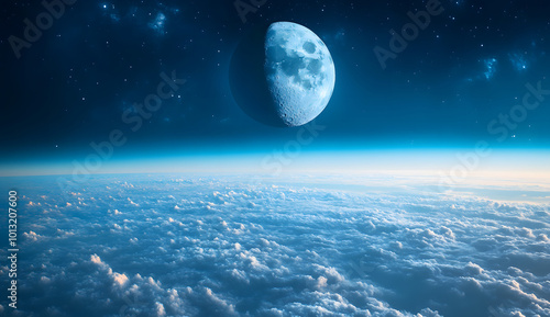 Bright Full Moon Above Clouds and Starry Night Sky, Mesmerizing Celestial Landscape, Tranquil and Mystical Atmosphere for Nighttime Themes design