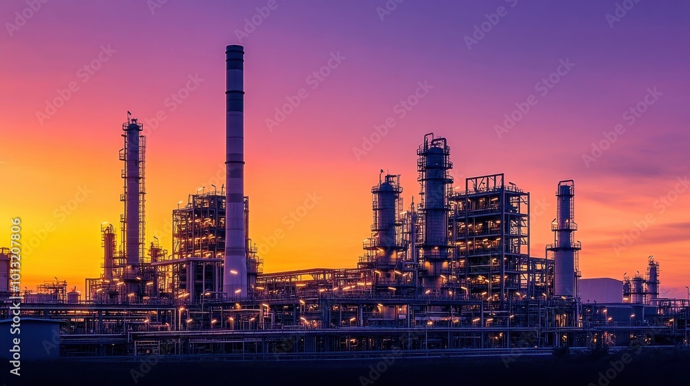 Industrial oil refinery at sunset with illuminated towers and a vibrant sky Industrial oil refinery at sunset with illuminated towers and a vibrant sky