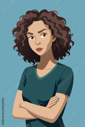 Vibrant Vector Illustration of a Young Woman with Curly Hair Standing with Arms Raised Celebrating Life
